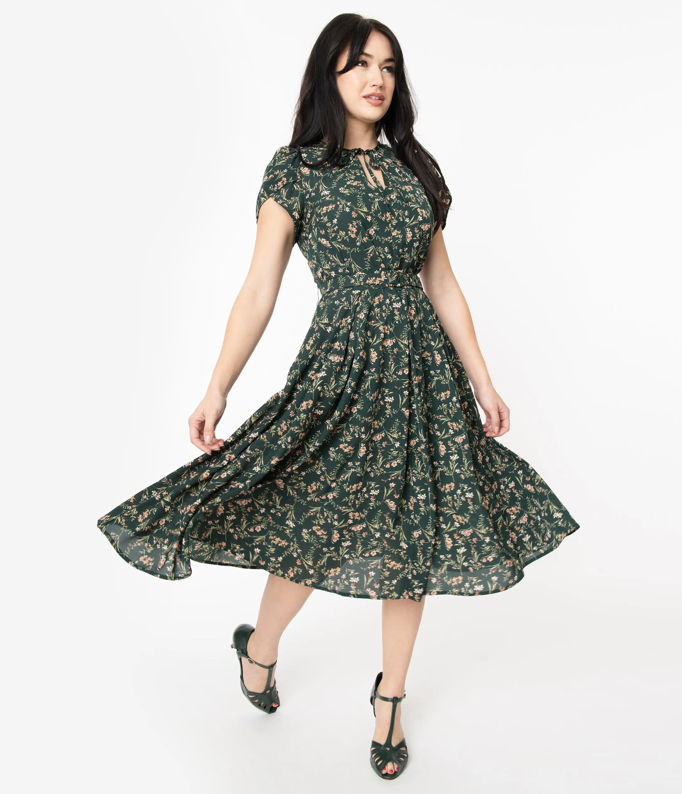 Unique Vintage 1950s Emerald & Pink Floral Dahlia Midi Dress