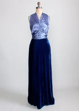 Vintage 1930s Blue Velvet and Satin Cage Back Evening Dress