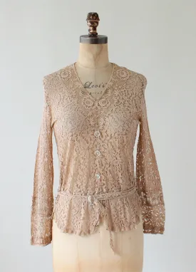 Vintage 1930s Nude Lace Blouse with Glass Buttons