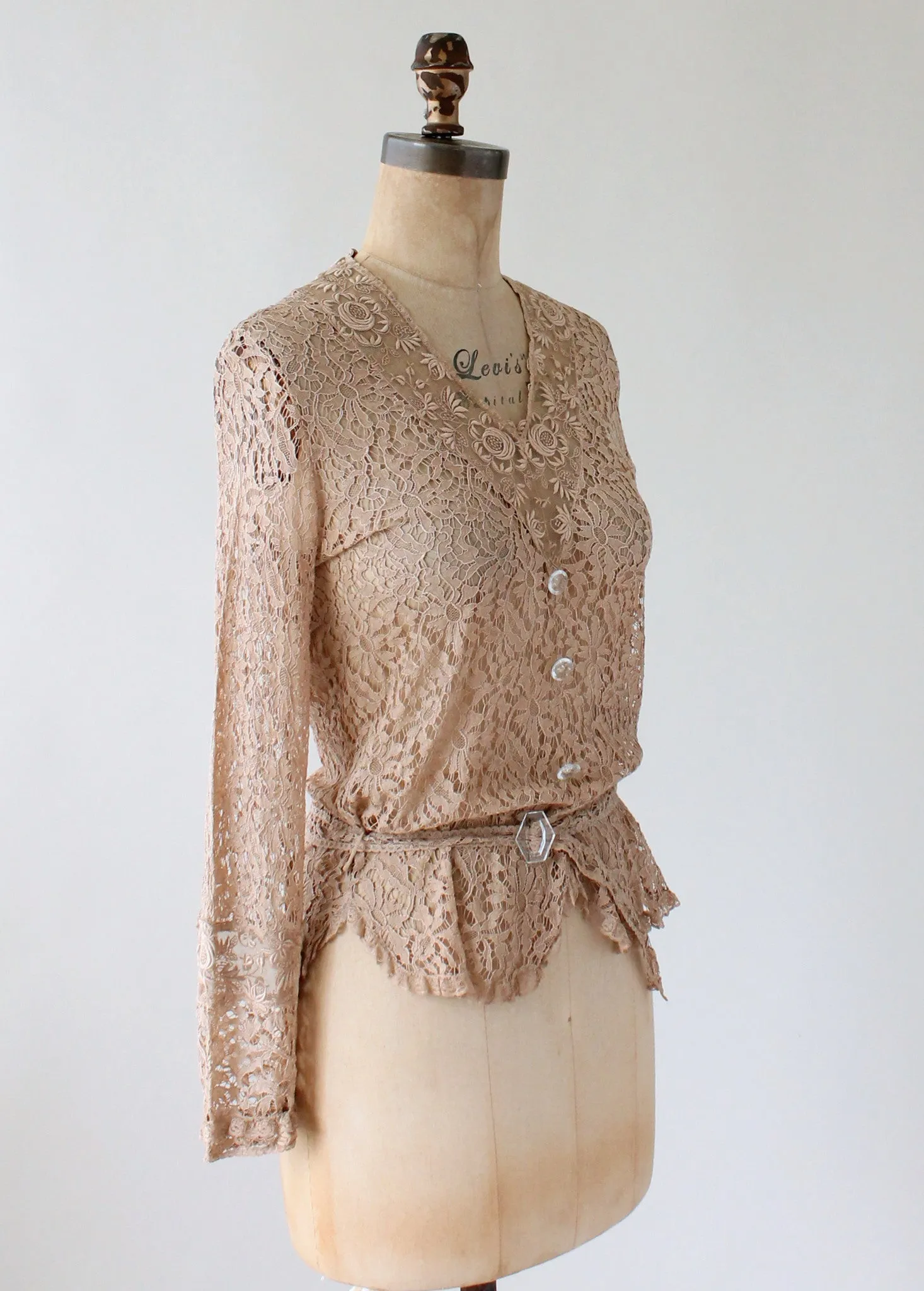 Vintage 1930s Nude Lace Blouse with Glass Buttons