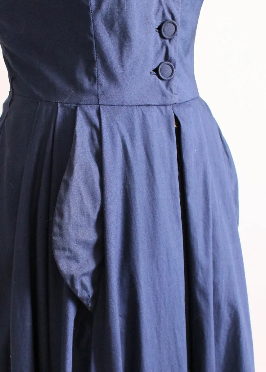 Vintage Late 1940s Navy Day Dress with a Stand Up Collar