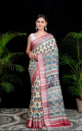 Women Bianca Linen Digital Printed Saree In Beige Color