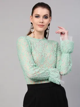 Women Mint Blue Full Sleeves Lace Blouse