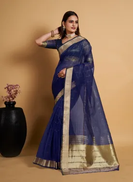 Women Party Wear Weaving Organza Silk Blue colour Saree with Un-Stitched Blouse