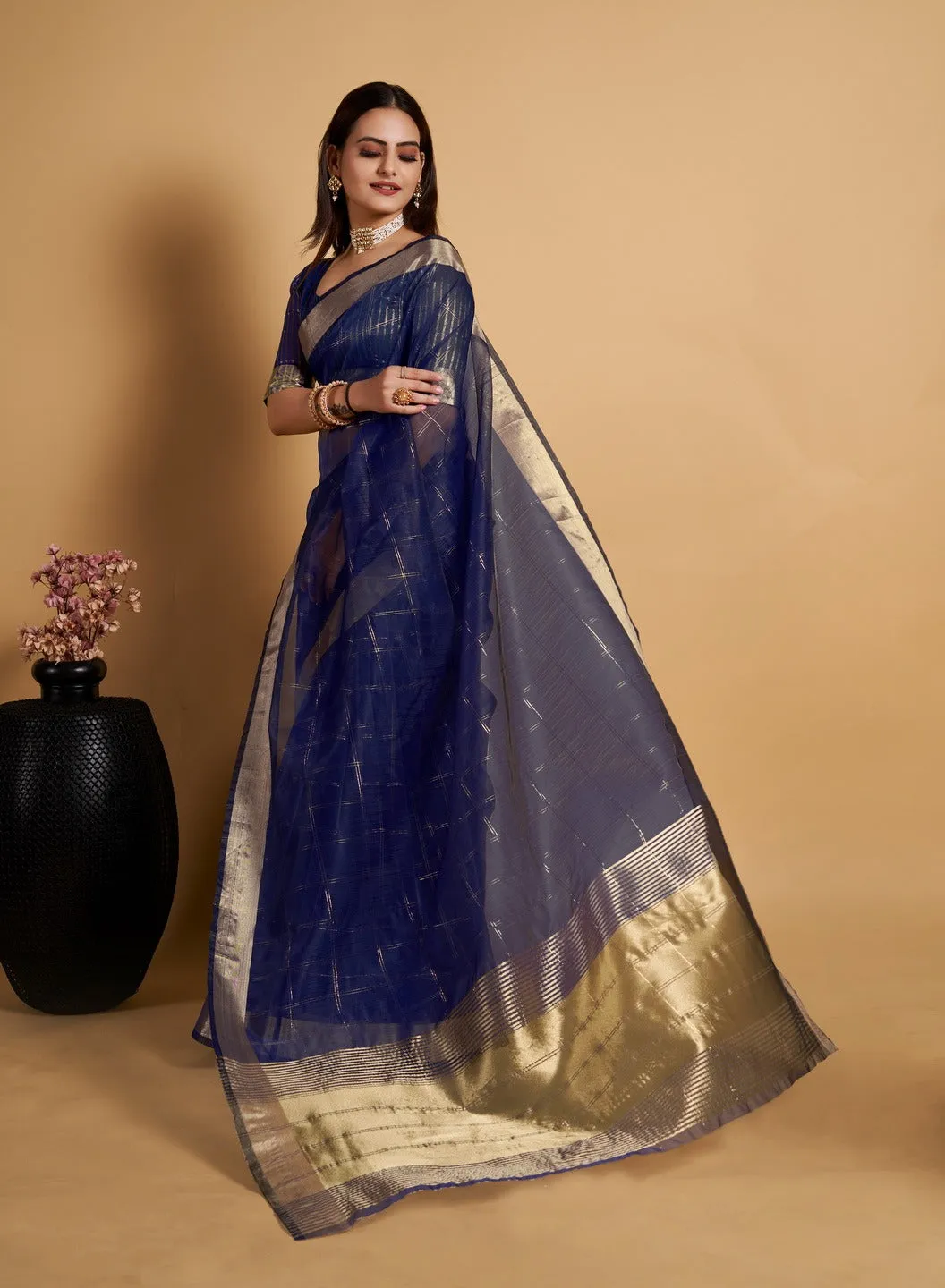 Women Party Wear Weaving Organza Silk Blue colour Saree with Un-Stitched Blouse