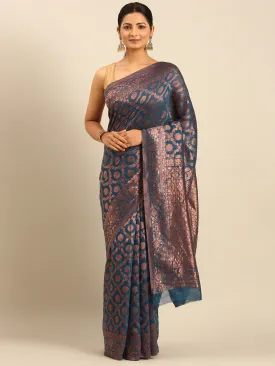 Women Sky Blue Cotton Saree With Un Stitched Blouse